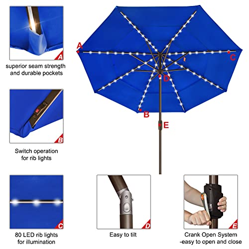 EliteShade USA Sunumbrella Solar 9ft 3 Tiers Market Umbrella with 80 LED Lights Patio Umbrellas Outdoor Table with Ventilation and 5 Years Non-Fading Top,Royal Blue