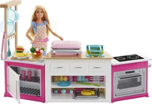 barbie ultimate kitchen doll & playset with lights & sounds, food molds, 5 dough colors & 20+ accessories, blonde chef doll (amazon exclusive),pink