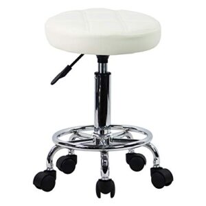 kktoner round rolling stool chair pu leather height adjustable swivel drafting work spa shop salon stools with wheels office chair small (white)