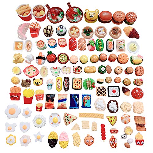 Anrher 100pcs Miniature Foods Hamburg French Fries Sushi Decoration Mixed Resin Sets for Adults Kids Doll House Pretend Kitchen Play Cooking Game Toys DIY Birthday Party Present¡­