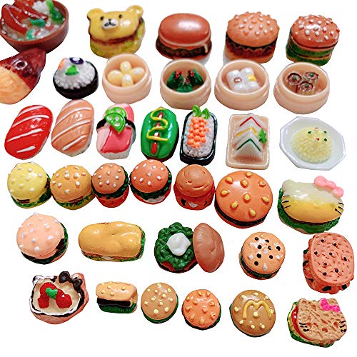 Anrher 100pcs Miniature Foods Hamburg French Fries Sushi Decoration Mixed Resin Sets for Adults Kids Doll House Pretend Kitchen Play Cooking Game Toys DIY Birthday Party Present¡­