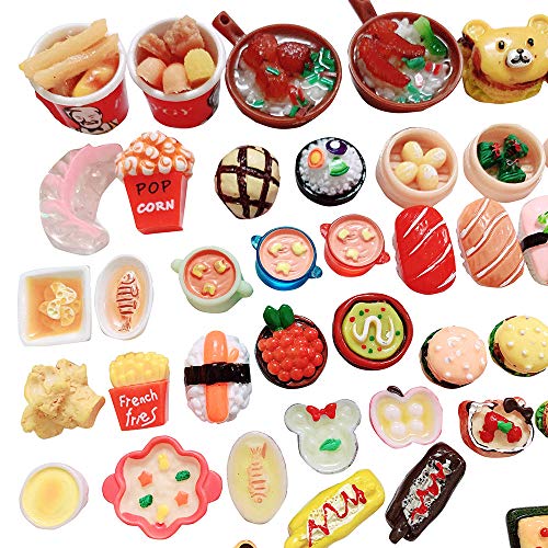 Anrher 100pcs Miniature Foods Hamburg French Fries Sushi Decoration Mixed Resin Sets for Adults Kids Doll House Pretend Kitchen Play Cooking Game Toys DIY Birthday Party Present¡­