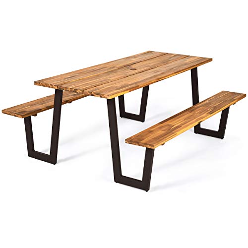 Giantex Picnic Table Bench Set with Umbrella Hole, Outdoor Dining Set, 70'' Acacia Wood Beer Metal Frame Patented (Natural & Black)