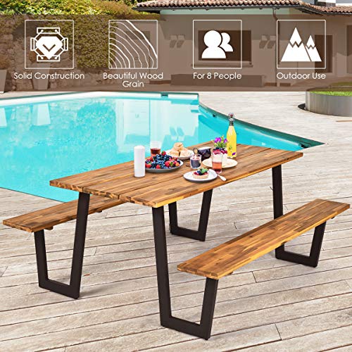 Giantex Picnic Table Bench Set with Umbrella Hole, Outdoor Dining Set, 70'' Acacia Wood Beer Metal Frame Patented (Natural & Black)