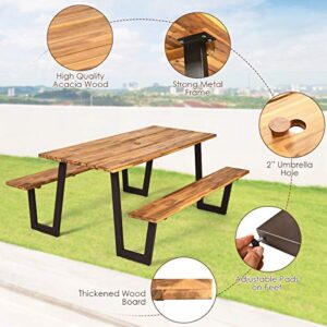 Giantex Picnic Table Bench Set with Umbrella Hole, Outdoor Dining Set, 70'' Acacia Wood Beer Metal Frame Patented (Natural & Black)