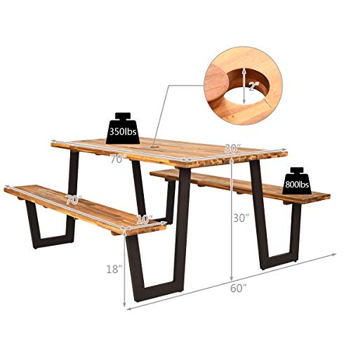 Giantex Picnic Table Bench Set with Umbrella Hole, Outdoor Dining Set, 70'' Acacia Wood Beer Metal Frame Patented (Natural & Black)