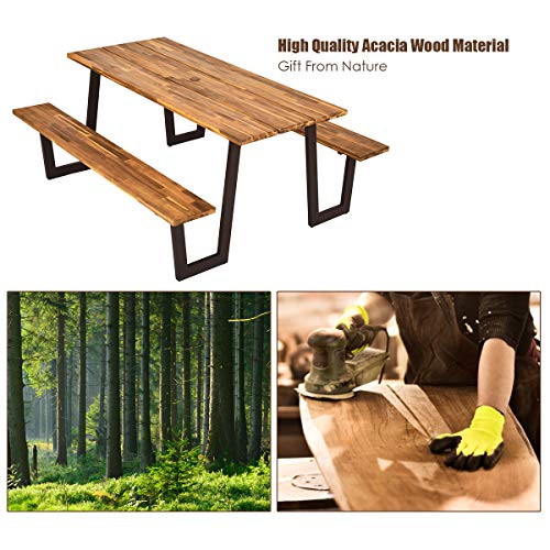 Giantex Picnic Table Bench Set with Umbrella Hole, Outdoor Dining Set, 70'' Acacia Wood Beer Metal Frame Patented (Natural & Black)