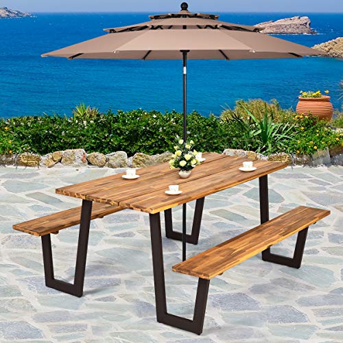 Giantex Picnic Table Bench Set with Umbrella Hole, Outdoor Dining Set, 70'' Acacia Wood Beer Metal Frame Patented (Natural & Black)