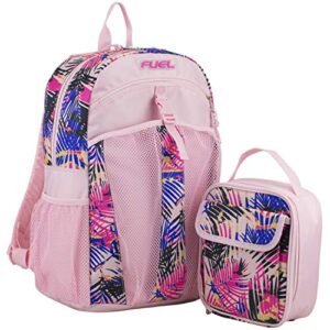 fuel backpack with lunch box combo – 18.5” two compartment water resistant durable adjustable straps with side water bottle pockets 2 in 1 set – tropical palm print
