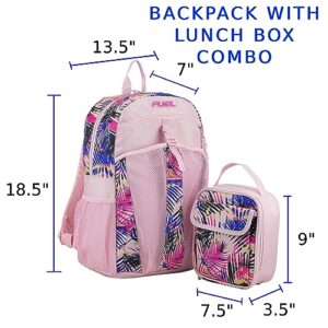 FUEL Backpack with Lunch Box Combo – 18.5” Two Compartment Water Resistant Durable Adjustable Straps with Side Water Bottle Pockets 2 in 1 Set – Tropical Palm Print