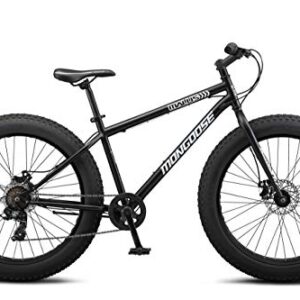 Mongoose Malus Mens and Womens Fat Tire Mountain Bike, 26-Inch Bicycle Wheels, 4-Inch Wide Knobby Tires, Steel Frame, 7-Speed Drivetrain Bicycle, Shimano Rear Derailleur, Disc Brakes, Matte Black