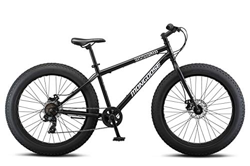 Mongoose Malus Mens and Womens Fat Tire Mountain Bike, 26-Inch Bicycle Wheels, 4-Inch Wide Knobby Tires, Steel Frame, 7-Speed Drivetrain Bicycle, Shimano Rear Derailleur, Disc Brakes, Matte Black