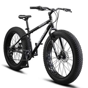 Mongoose Malus Mens and Womens Fat Tire Mountain Bike, 26-Inch Bicycle Wheels, 4-Inch Wide Knobby Tires, Steel Frame, 7-Speed Drivetrain Bicycle, Shimano Rear Derailleur, Disc Brakes, Matte Black