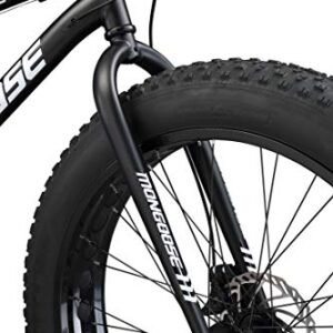 Mongoose Malus Mens and Womens Fat Tire Mountain Bike, 26-Inch Bicycle Wheels, 4-Inch Wide Knobby Tires, Steel Frame, 7-Speed Drivetrain Bicycle, Shimano Rear Derailleur, Disc Brakes, Matte Black