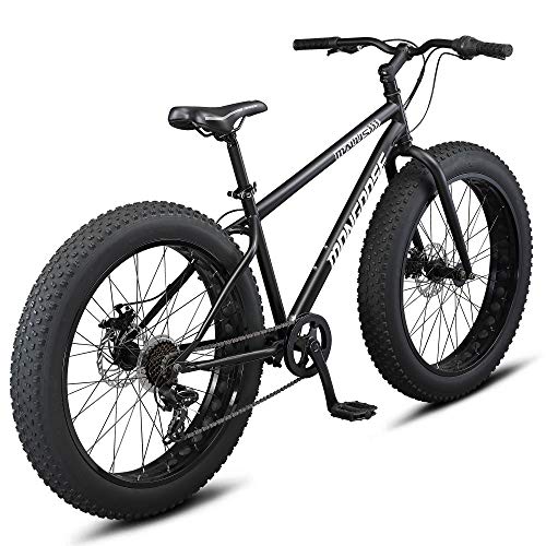 Mongoose Malus Mens and Womens Fat Tire Mountain Bike, 26-Inch Bicycle Wheels, 4-Inch Wide Knobby Tires, Steel Frame, 7-Speed Drivetrain Bicycle, Shimano Rear Derailleur, Disc Brakes, Matte Black