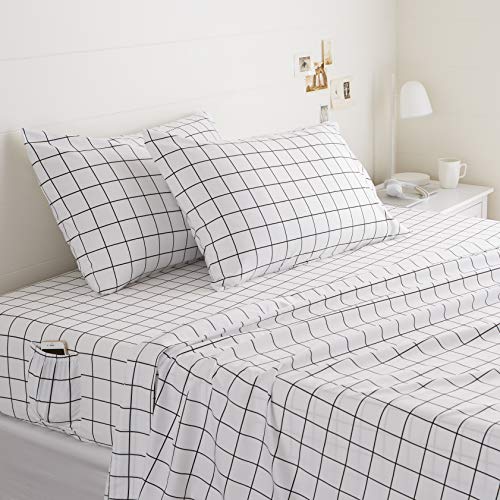 Amazon Basics Soft Microfiber 4-Piece Bed Sheet Set with Elastic Side Pockets, Full, Black Grid, Geometric