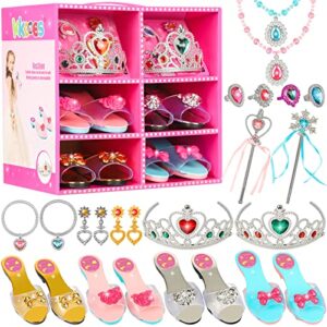 princess jewelry boutique dress up and elegant shoe(4 pairs of girls heels shoes),role play fashion accessories of crowns, necklaces, bracelets, rings,girls beauty gift toys for age 2 3 4 5 6 year old