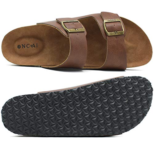 ONCAI Men's-Slide-Sandals-Beach-Slippers-Slippers Shoes Indoor and Outdoor Anti-skidding Flat Cork Sandals and Classic Summer Beach Slippers with Two Adjustable Straps Size 10