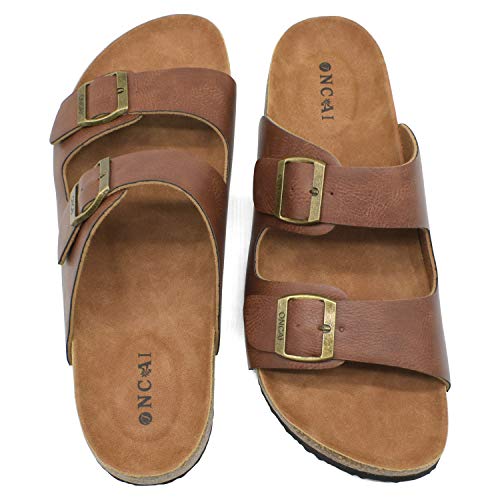 ONCAI Men's-Slide-Sandals-Beach-Slippers-Slippers Shoes Indoor and Outdoor Anti-skidding Flat Cork Sandals and Classic Summer Beach Slippers with Two Adjustable Straps Size 10