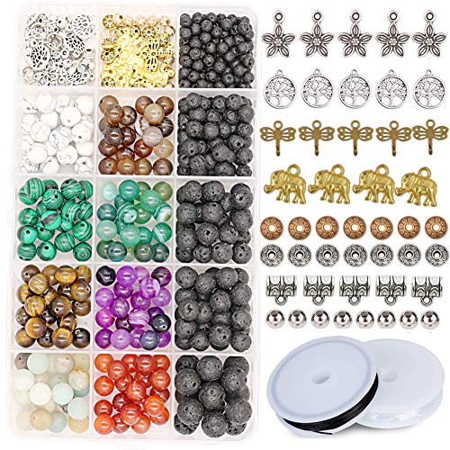 Civilipi 465pcs Stone Beads Set Lava Beads Kits Striped Beads Loose Beads with Charms Accessories Open Jump Ring for Bracelet Necklace Jewelry