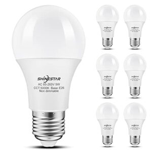 shinestar 6-pack daylight led light bulbs 60 watt, bright white 5000k, e26 a19 led bulb, non-dimmable