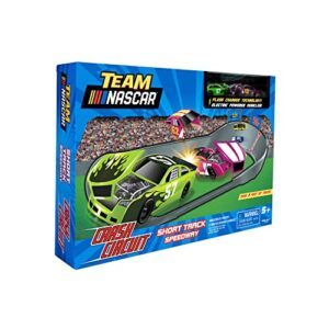 Far Out Toys NASCAR Crash Circuit Short Track Speedway | 2 Electric Powered Cars, 2 Flash Chargers, 6 Driver and Pit Crew Figurines, 3.7 Ft Assembled | Capture The Momentum and Thrill of Nascar