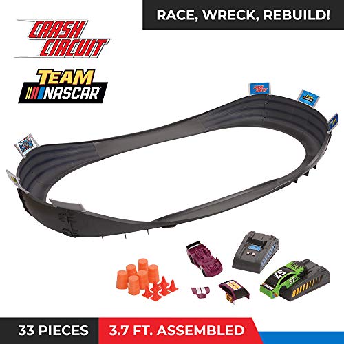 Far Out Toys NASCAR Crash Circuit Short Track Speedway | 2 Electric Powered Cars, 2 Flash Chargers, 6 Driver and Pit Crew Figurines, 3.7 Ft Assembled | Capture The Momentum and Thrill of Nascar