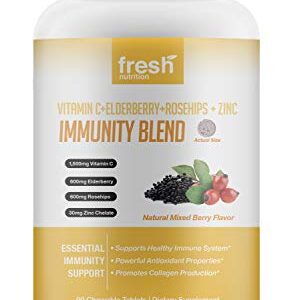 Vitamin C + Elderberry Chewables - Immunity Blend - VIT C 1500mg, Elderberry 600mg, Rose Hips 600mg and Zinc 30mg - Vegan, Non GMO - 90 Chewable Tablets