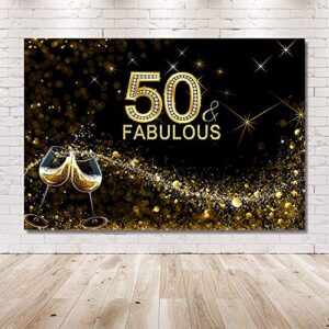 MEHOFOTO Glitter Gold and Black 50 and Fabulous Photo Studio Booth Background Wine Glass Bokeh Shiny Adult Happy 50th Birthday Party Decoration Banner Backdrops for Photography 7x5ft