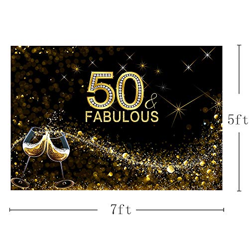 MEHOFOTO Glitter Gold and Black 50 and Fabulous Photo Studio Booth Background Wine Glass Bokeh Shiny Adult Happy 50th Birthday Party Decoration Banner Backdrops for Photography 7x5ft