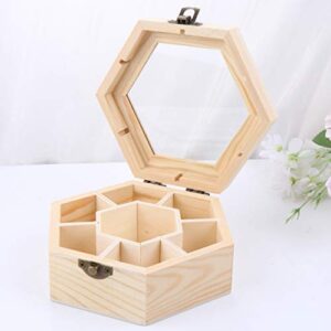 EXCEART Unfinished Wooden Jewelry Box Hexagon DIY Trinket Storage Box Blank Keepsake Organizer 7 Compartments Clear Top Craft Gift Box with Locking Clasp for Art Craft Home Decor