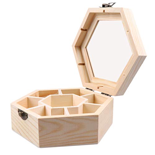 EXCEART Unfinished Wooden Jewelry Box Hexagon DIY Trinket Storage Box Blank Keepsake Organizer 7 Compartments Clear Top Craft Gift Box with Locking Clasp for Art Craft Home Decor