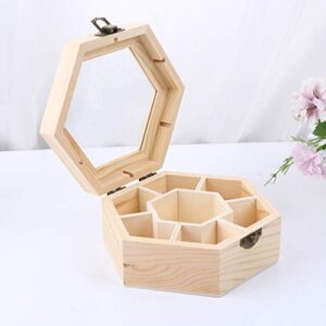 EXCEART Unfinished Wooden Jewelry Box Hexagon DIY Trinket Storage Box Blank Keepsake Organizer 7 Compartments Clear Top Craft Gift Box with Locking Clasp for Art Craft Home Decor