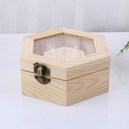 EXCEART Unfinished Wooden Jewelry Box Hexagon DIY Trinket Storage Box Blank Keepsake Organizer 7 Compartments Clear Top Craft Gift Box with Locking Clasp for Art Craft Home Decor