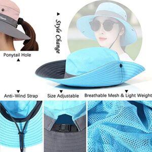 Womens UV Protection Wide Brim Sun Hats - Cooling Mesh Ponytail Hole Cap Foldable Travel Outdoor Fishing Hat (Grey)