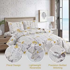 Quilt Set King Floral Bedspread Coverlet King Floral Quilts Bedding Spring Summer Lightweight Quilts Bedspread Reversible Bedding Grey Leaf Yellow Floral Quilt Collection Bedspread with Pillow Shams