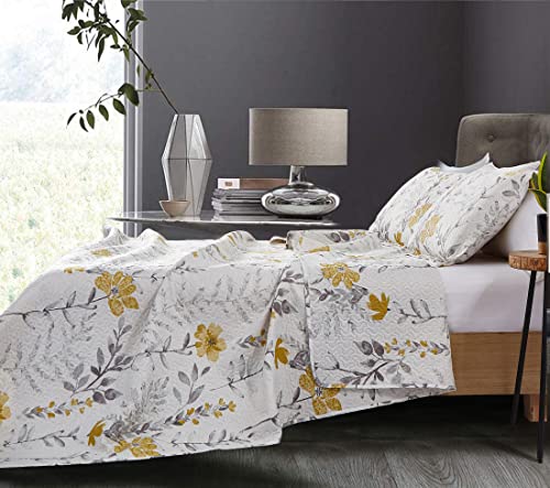 Quilt Set King Floral Bedspread Coverlet King Floral Quilts Bedding Spring Summer Lightweight Quilts Bedspread Reversible Bedding Grey Leaf Yellow Floral Quilt Collection Bedspread with Pillow Shams