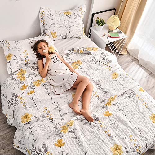 Quilt Set King Floral Bedspread Coverlet King Floral Quilts Bedding Spring Summer Lightweight Quilts Bedspread Reversible Bedding Grey Leaf Yellow Floral Quilt Collection Bedspread with Pillow Shams