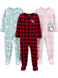 simple joys by carter's baby girls' loose-fit flame resistant fleece footed pajamas, pack of 3, buffalo check/penguin/unicorn, 18 months