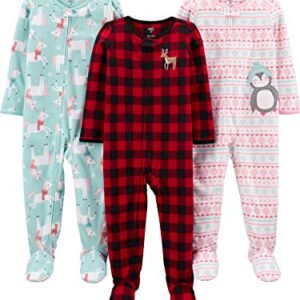 Simple Joys by Carter's Baby Girls' Loose-Fit Flame Resistant Fleece Footed Pajamas, Pack of 3, Buffalo Check/Penguin/Unicorn, 18 Months