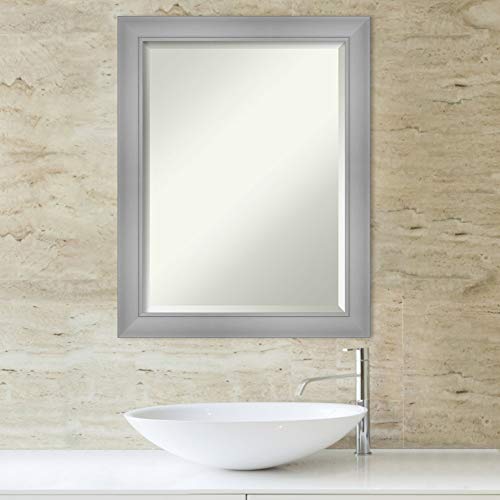 Amanti Art Bathroom Mirror, Flair Polished Nickel Wall Mirror for use as Bathroom Vanity Mirror Over Sink (28 x 22 in.) Beveled Mirror, Silver Mirror, Casual Mirror from WI, USA