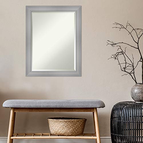 Amanti Art Bathroom Mirror, Flair Polished Nickel Wall Mirror for use as Bathroom Vanity Mirror Over Sink (28 x 22 in.) Beveled Mirror, Silver Mirror, Casual Mirror from WI, USA