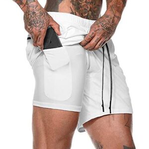 Akk Men's 2-in-1 Workout Running Shorts Lightweight Gym Yoga Training Sport Short Pants White