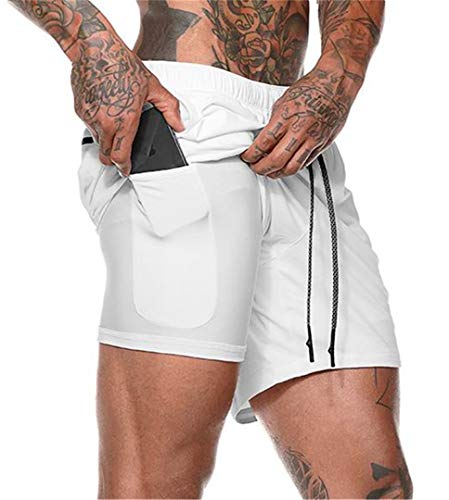 Akk Men's 2-in-1 Workout Running Shorts Lightweight Gym Yoga Training Sport Short Pants White