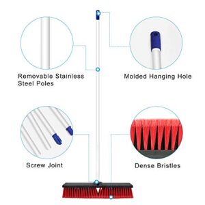 Push Broom Stiff Indoor Outdoor Rough Surface Floor Scrub Brush 17.7 inches Wide 61.8 inches Long Handle Stainless Steel, for Cleaning Bathroom Kitchen Patio Garage Deck Concrete Wood Stone Tile Floor