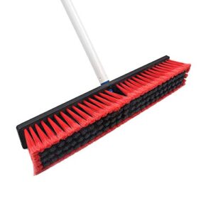 Push Broom Stiff Indoor Outdoor Rough Surface Floor Scrub Brush 17.7 inches Wide 61.8 inches Long Handle Stainless Steel, for Cleaning Bathroom Kitchen Patio Garage Deck Concrete Wood Stone Tile Floor