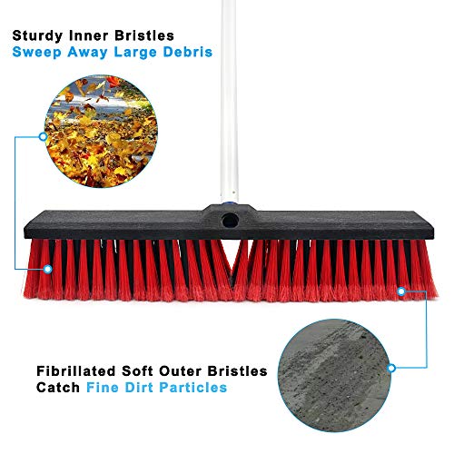 Push Broom Stiff Indoor Outdoor Rough Surface Floor Scrub Brush 17.7 inches Wide 61.8 inches Long Handle Stainless Steel, for Cleaning Bathroom Kitchen Patio Garage Deck Concrete Wood Stone Tile Floor