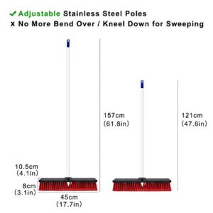 Push Broom Stiff Indoor Outdoor Rough Surface Floor Scrub Brush 17.7 inches Wide 61.8 inches Long Handle Stainless Steel, for Cleaning Bathroom Kitchen Patio Garage Deck Concrete Wood Stone Tile Floor