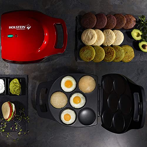 Holstein Housewares Non-Stick 6-Section Multi-Food Maker - Arepas, Mini Pancakes, Corncakes and More, 6-PC, Red/Black