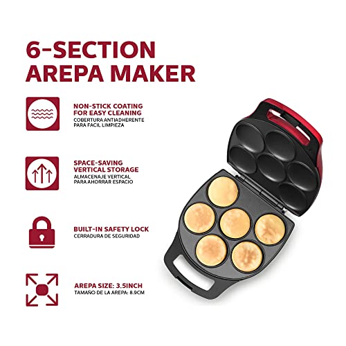 Holstein Housewares Non-Stick 6-Section Multi-Food Maker - Arepas, Mini Pancakes, Corncakes and More, 6-PC, Red/Black